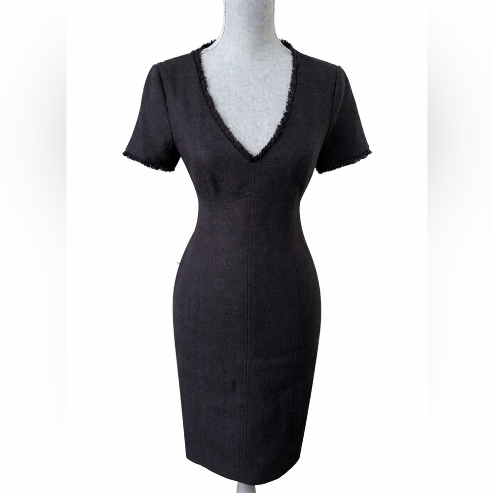 Andrew Marc Black Tweed Fringe Trim Sheath Dress Size 4